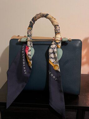 Elegant Strathberry Teal Leather Handbag with Scarf Accent